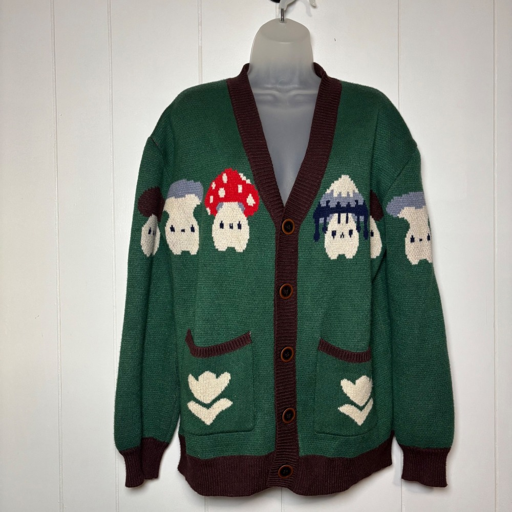 Abi Toads x Steady Hands Mushroom Cardigan Green Knit Sweater S/M Novelty Goblin